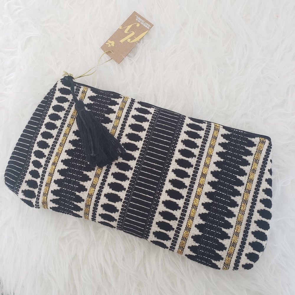 NEW Embroidered Black Gold Clutch with Tassel
